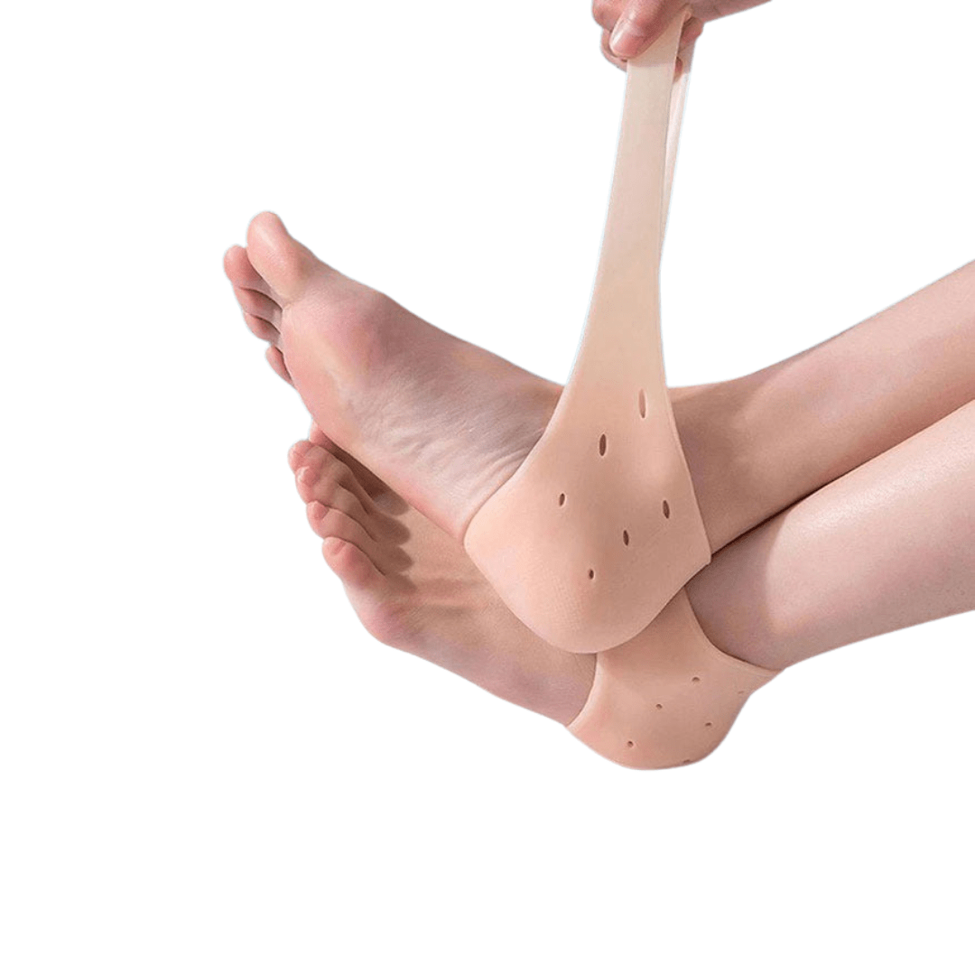 Silicone protectors that cup the back of the heel to stop rubbing in a shoe