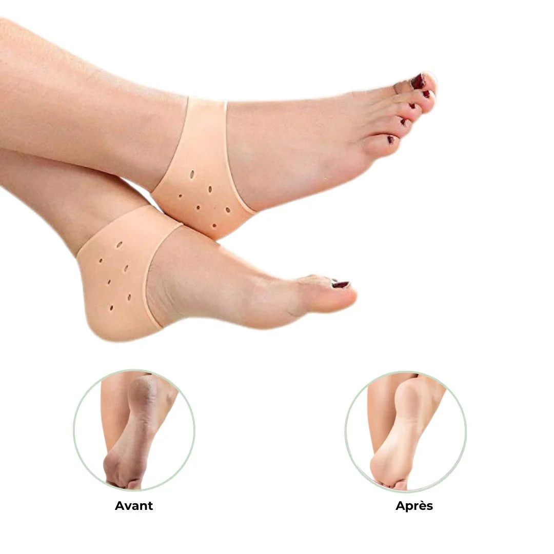 Silicone protectors that cup the back of the heel to stop rubbing in a shoe