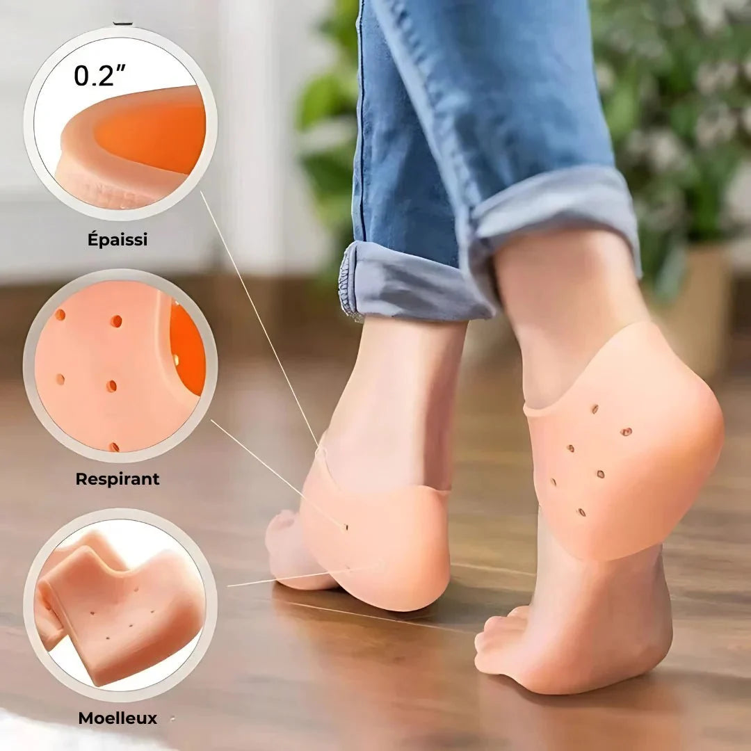 Silicone protectors that cup the back of the heel to stop rubbing in a shoe