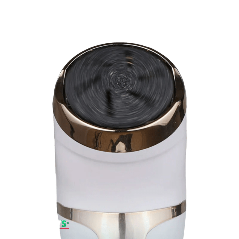 Rechargeable electric foot file with a rotating roller head, in black and white