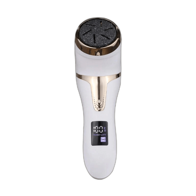 Rechargeable electric foot file with a rotating roller head, in black and white