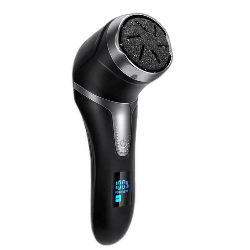 Rechargeable electric foot file with a rotating roller head, in black and white