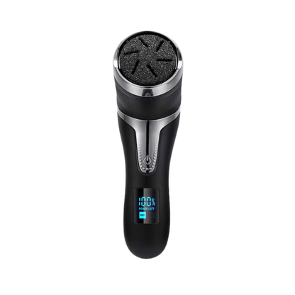 Rechargeable electric foot file with a rotating roller head, in black and white