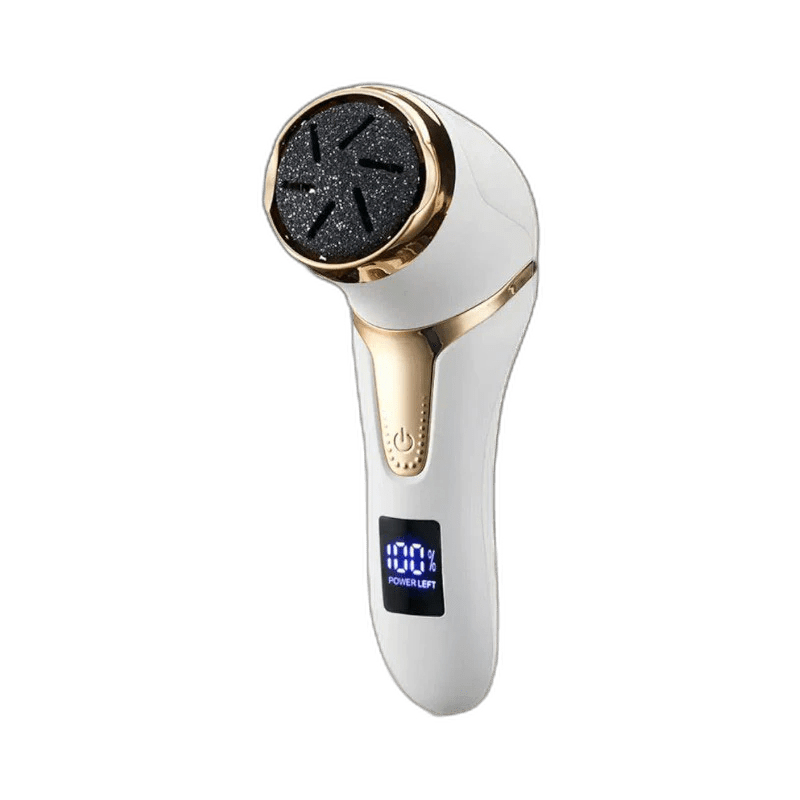 Rechargeable electric foot file with a rotating roller head, in black and white