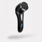 Rechargeable electric foot file with a rotating roller head, in black and white