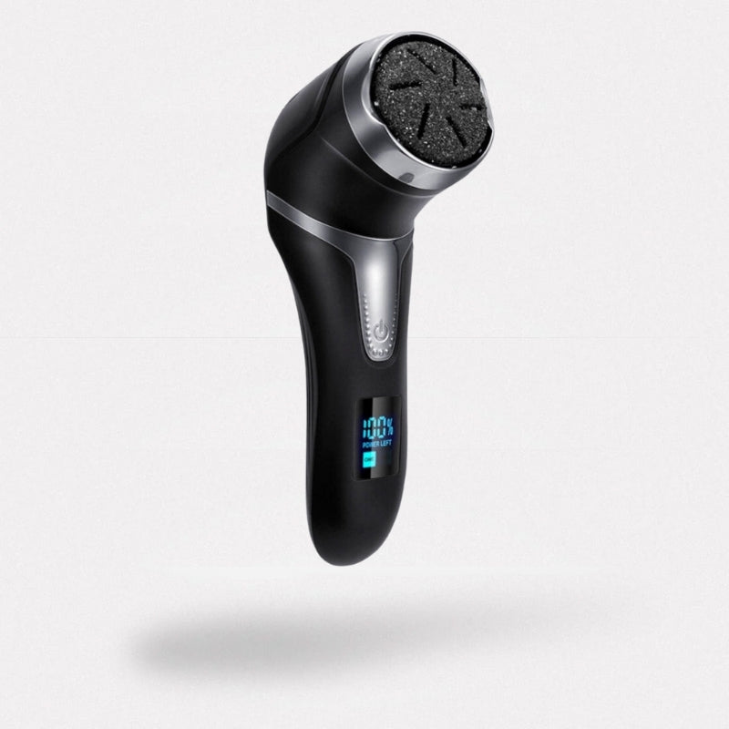 Rechargeable electric foot file with a rotating roller head, in black and white