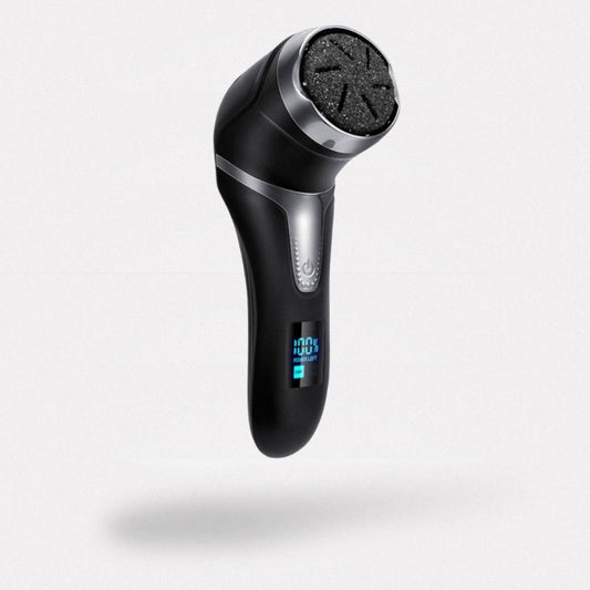 Rechargeable electric foot file with a rotating roller head, in black and white