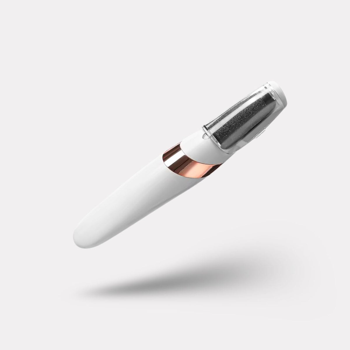 Pink handheld electric callus remover with a rotating roller head for the heel