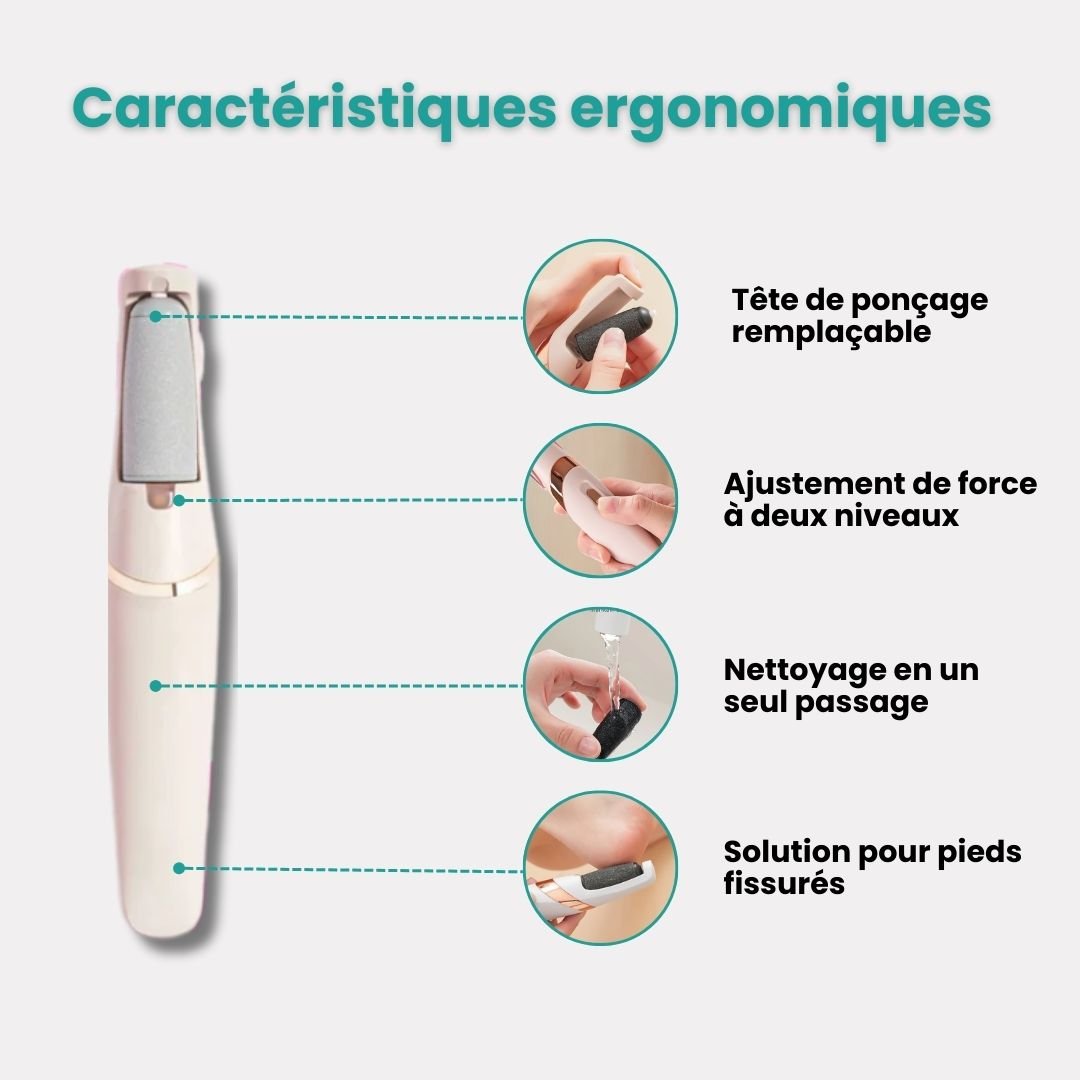 Pink handheld electric callus remover with a rotating roller head for the heel