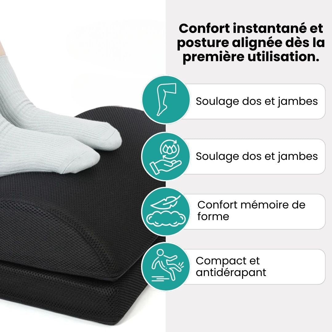 Angled ergonomic footrest placed under a desk to support both feet while seated