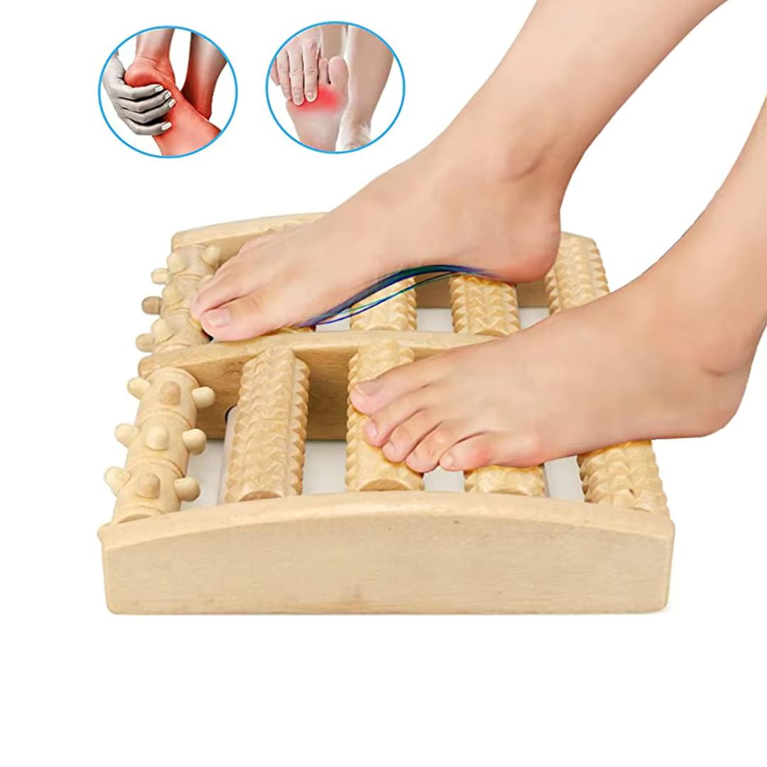 Ridged massage roller rolled underfoot to release plantar tension