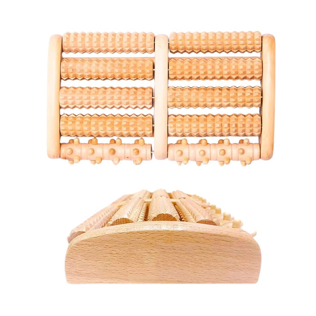 Ridged massage roller rolled underfoot to release plantar tension