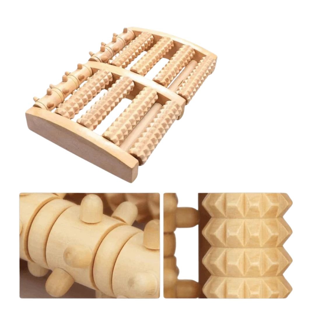 Ridged massage roller rolled underfoot to release plantar tension