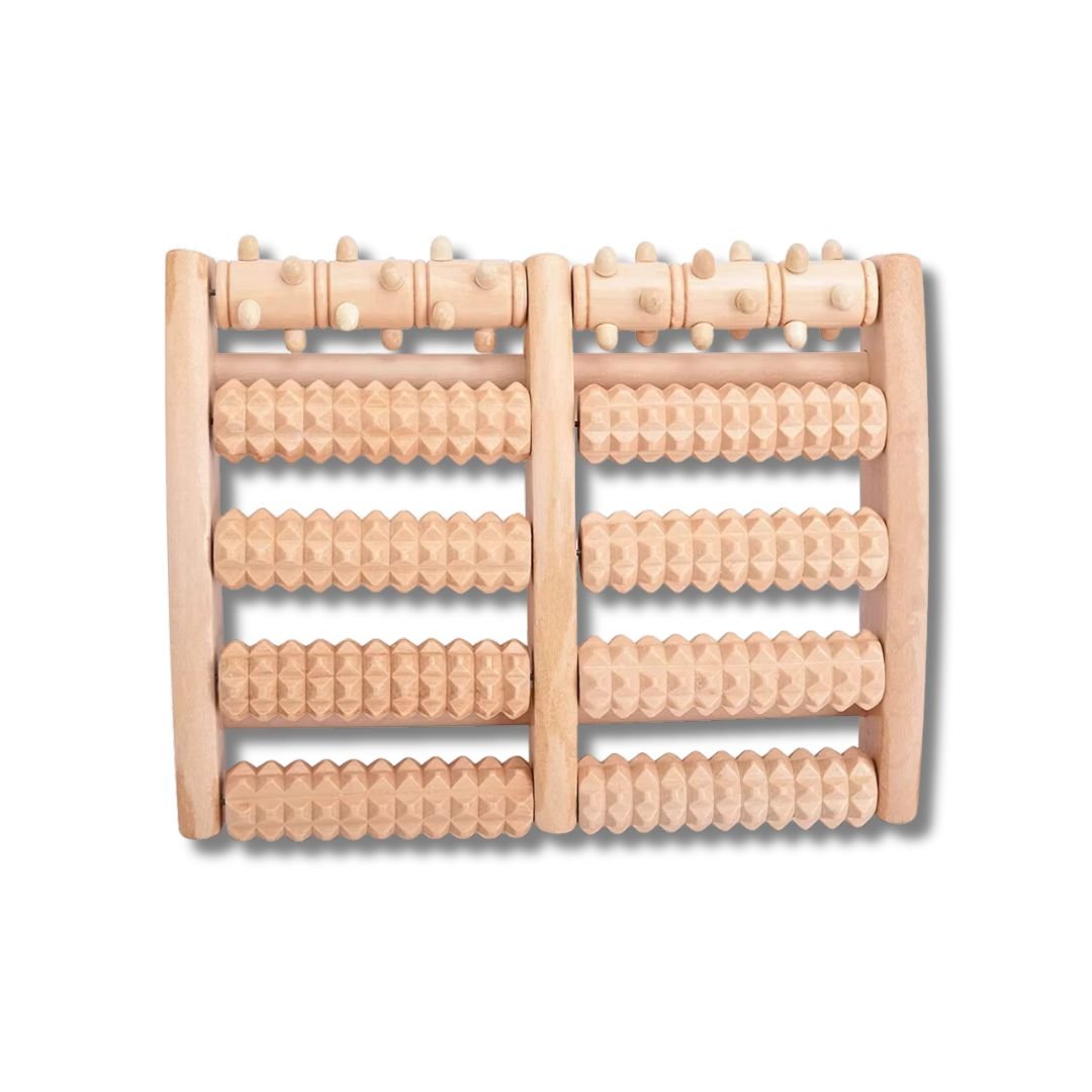 Ridged massage roller rolled underfoot to release plantar tension