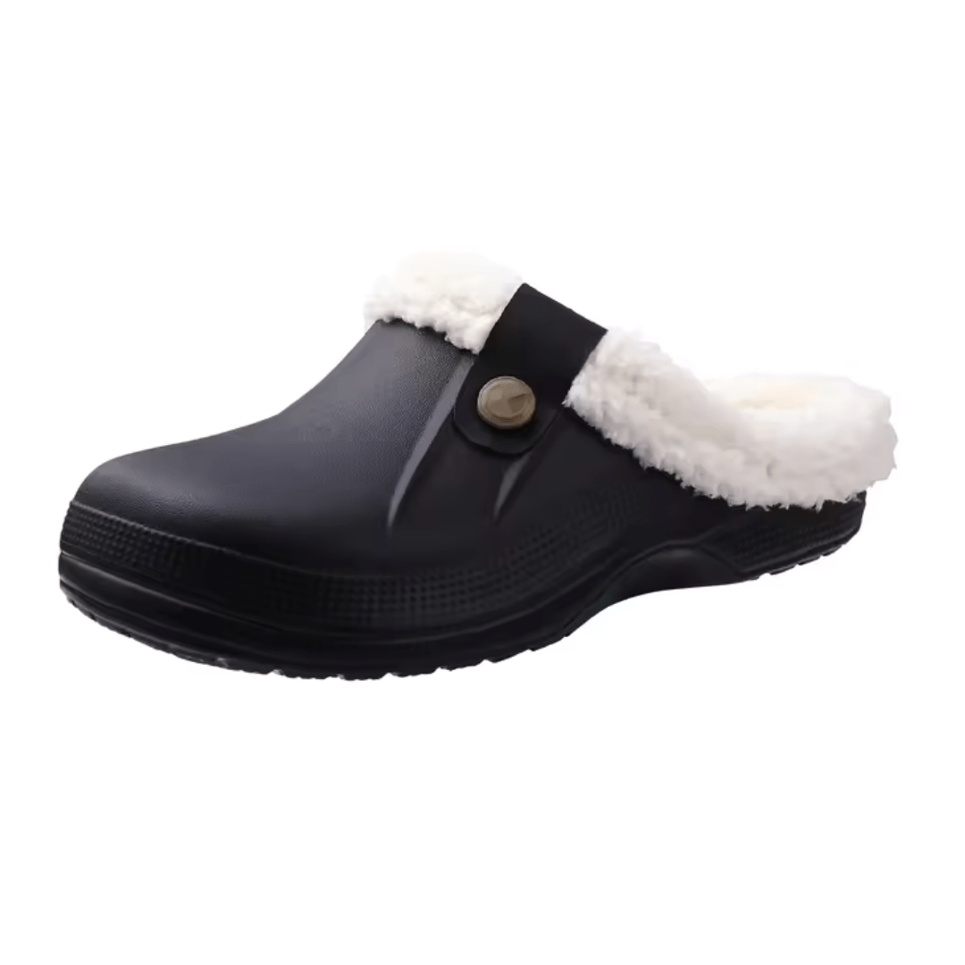 Fleece-lined winter slippers in white, light purple, light blue and black and brown