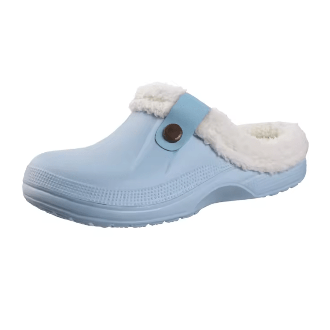 Fleece-lined winter slippers in white, light purple, light blue and black and brown