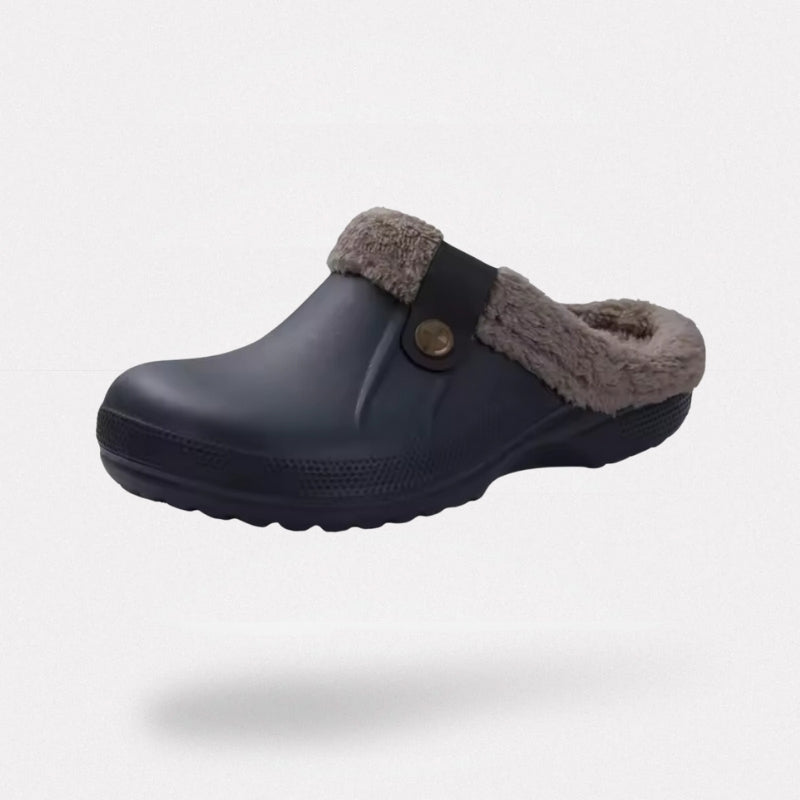Fleece-lined winter slippers in white, light purple, light blue and black and brown