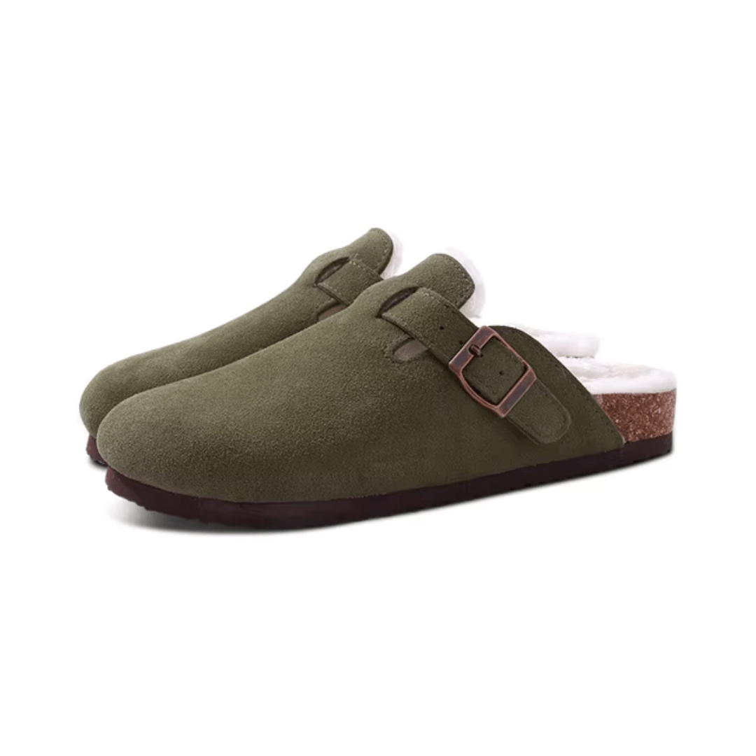 Orthopedic slippers on a cork footbed with a lined upper, in brown, black, green and khaki