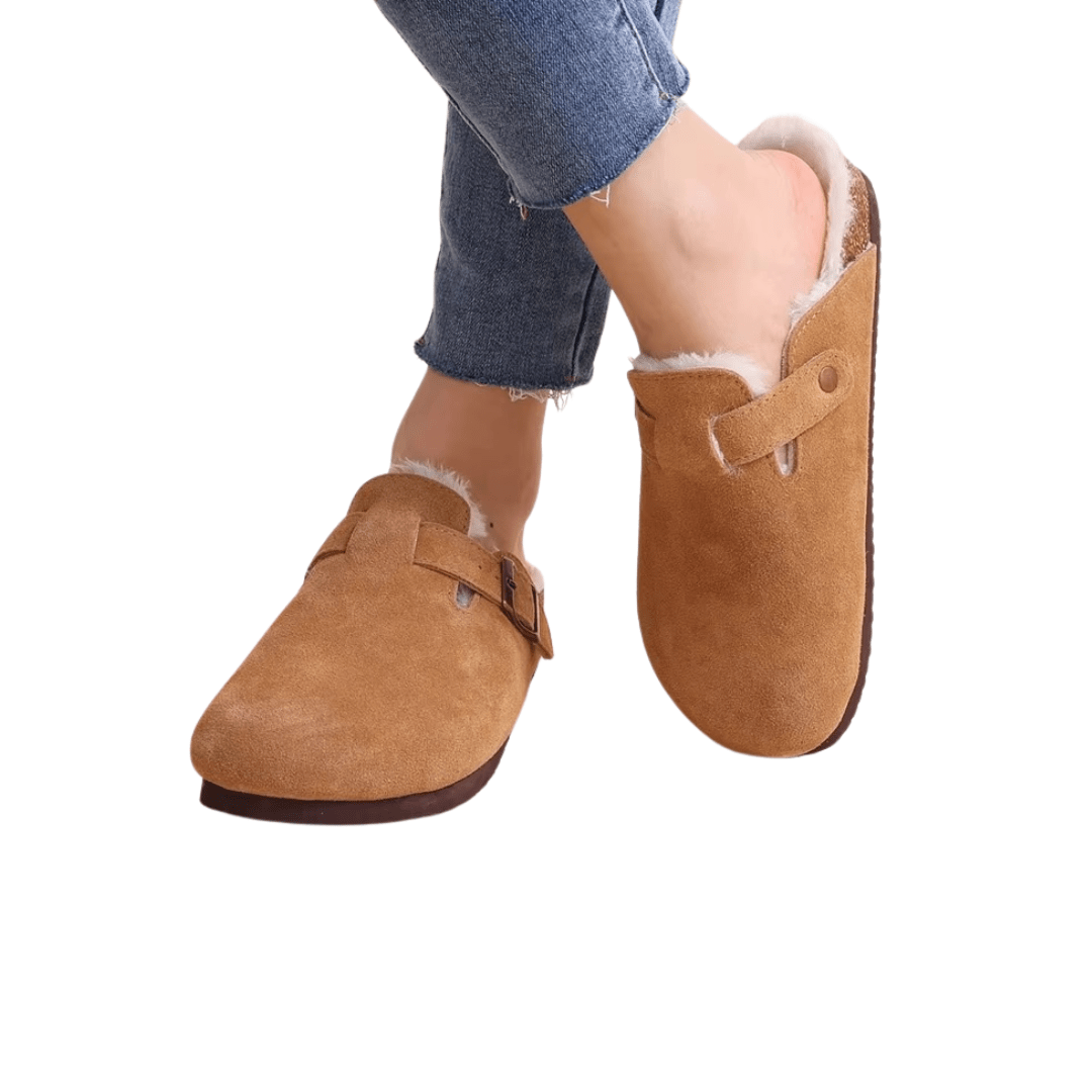 Orthopedic slippers on a cork footbed with a lined upper, in brown, black, green and khaki