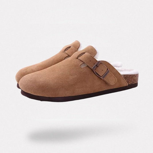 Orthopedic slippers on a cork footbed with a lined upper, in brown, black, green and khaki