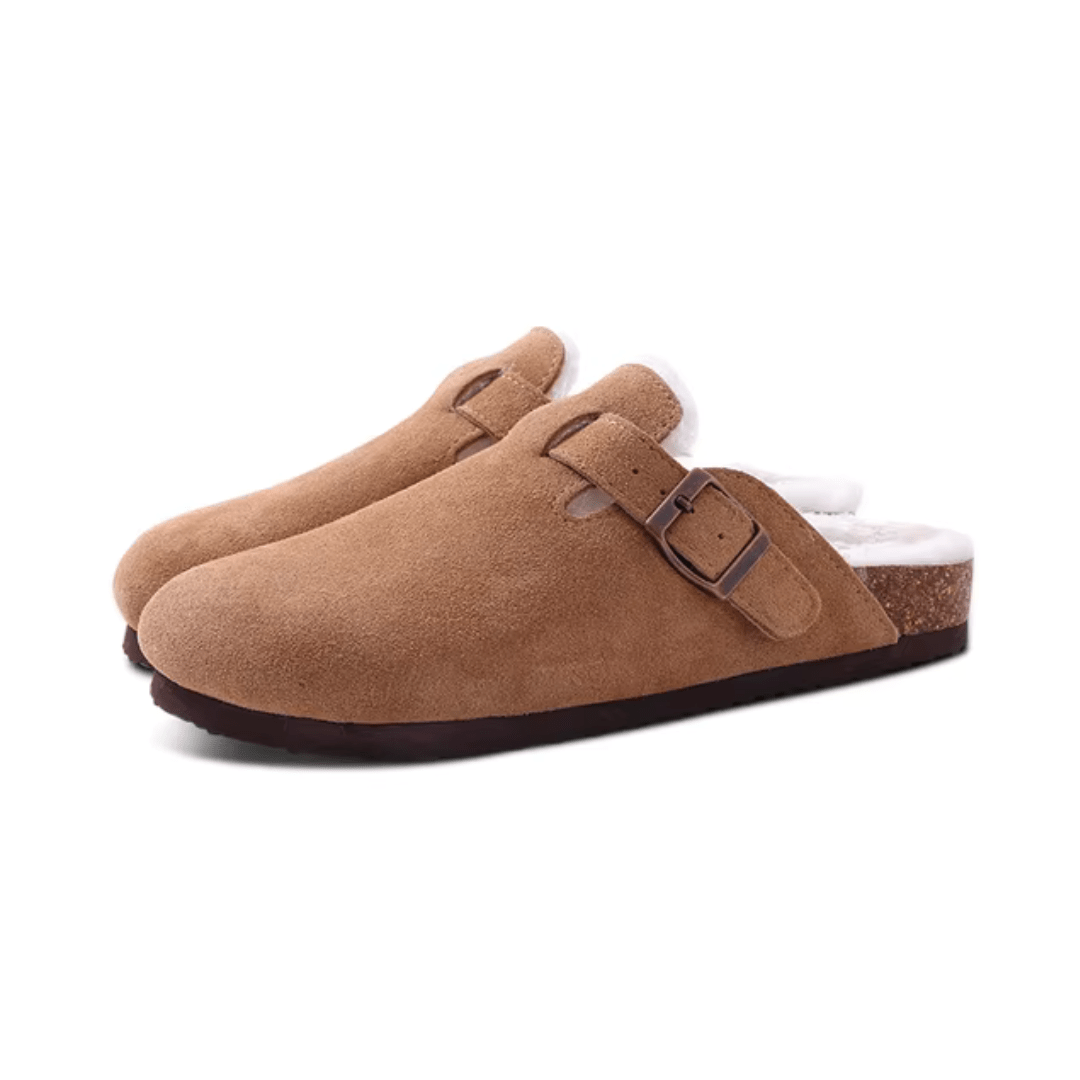 Orthopedic slippers on a cork footbed with a lined upper, in brown, black, green and khaki
