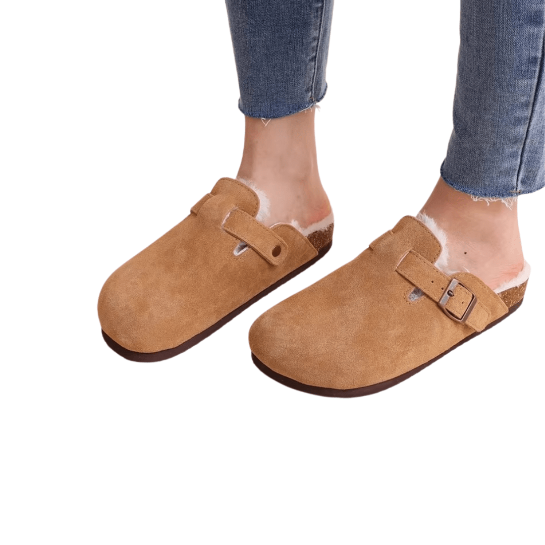 Orthopedic slippers on a cork footbed with a lined upper, in brown, black, green and khaki