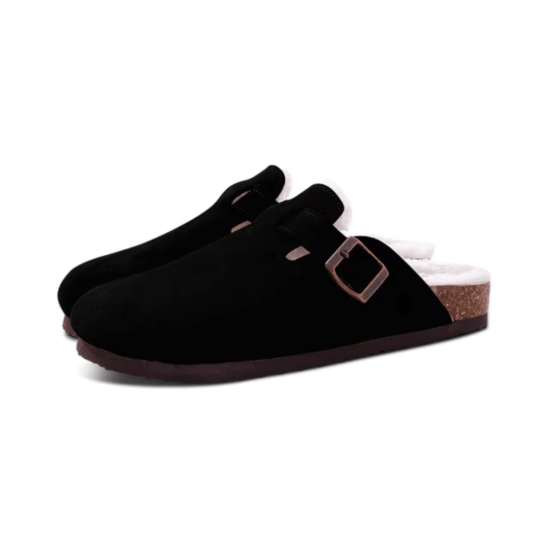 Orthopedic slippers on a cork footbed with a lined upper, in brown, black, green and khaki