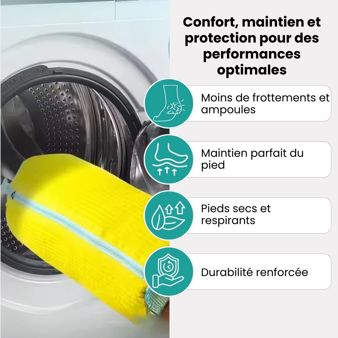 Zippered mesh shoe washing bag for the machine, in yellow, dark gray and light gray