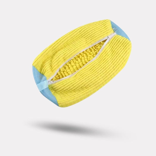 Zippered mesh shoe washing bag for the machine, in yellow, dark gray and light gray
