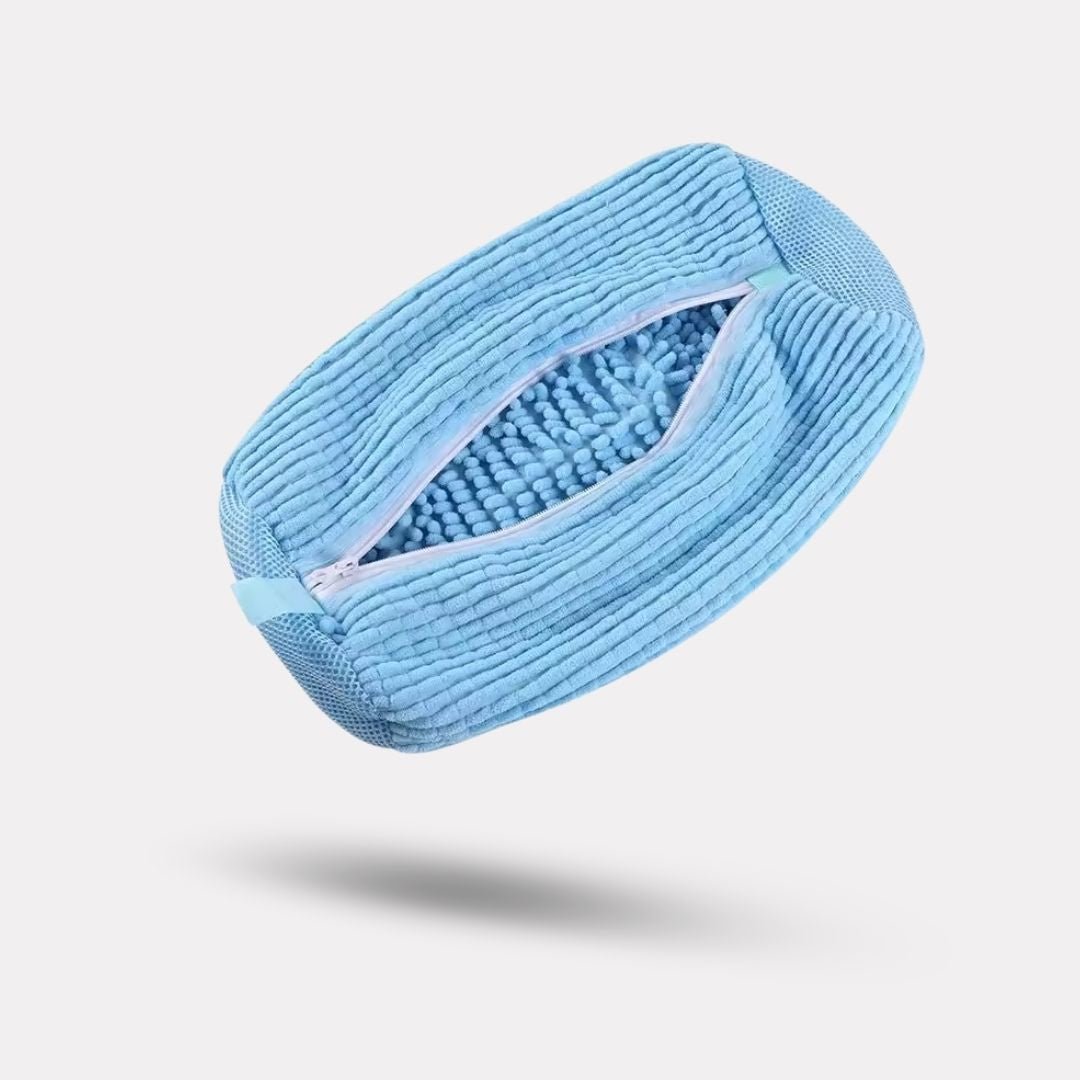 Zippered mesh shoe washing bag for the machine, in yellow, dark gray and light gray