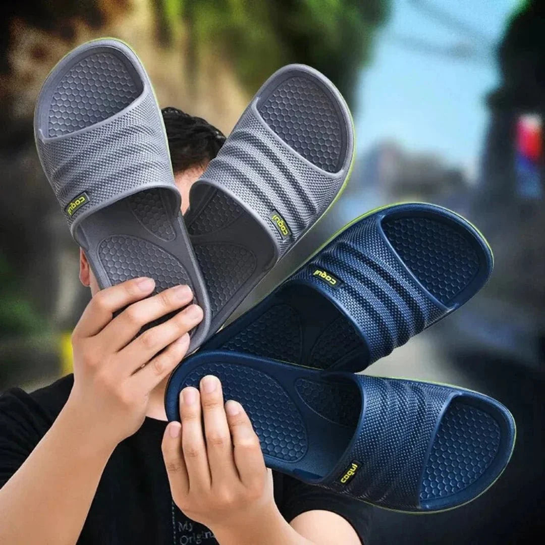 Men's orthopedic sandals with adjustable straps and contoured footbeds, in navy, gray and brown