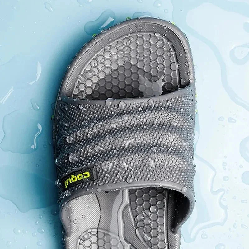 Men's orthopedic sandals with adjustable straps and contoured footbeds, in navy, gray and brown