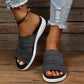 Gray wedge sandals for women with a padded footbed and an adjustable buckle