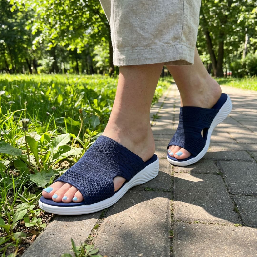 Blue, gray and pink wedge sandals with a supportive contoured footbed and raised heel