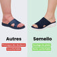 Blue, gray and pink wedge sandals with a supportive contoured footbed and raised heel