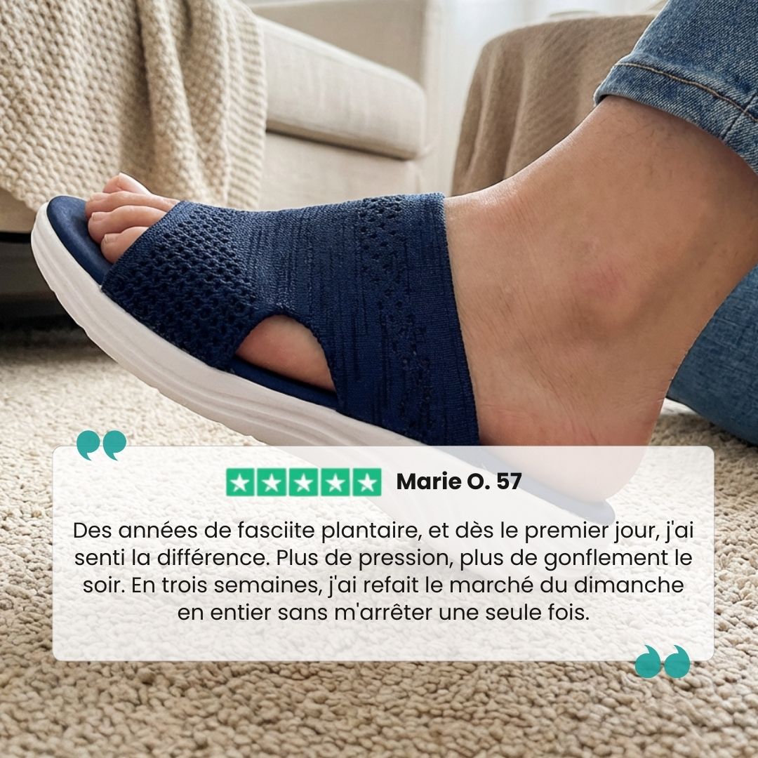 Blue, gray and pink wedge sandals with a supportive contoured footbed and raised heel