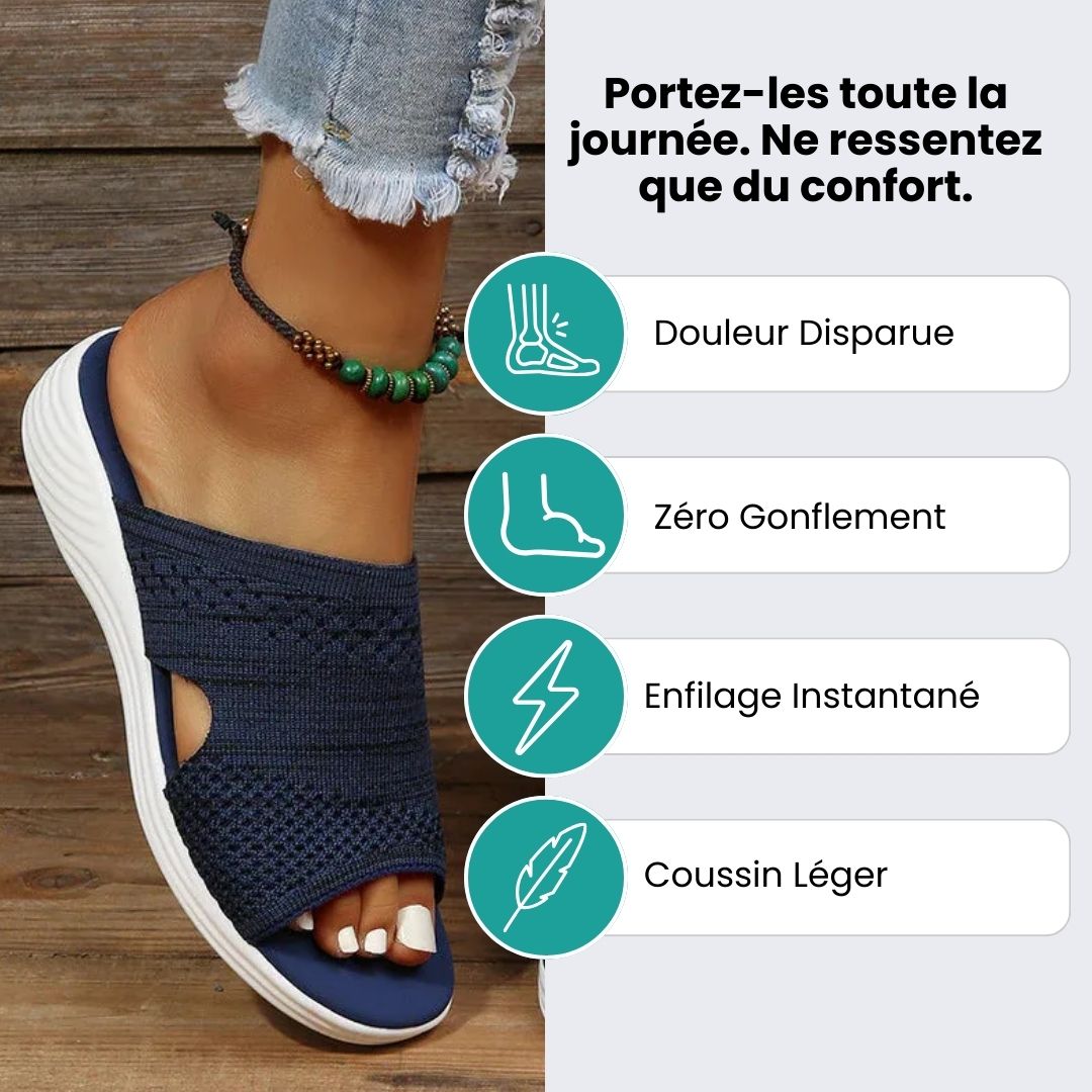 Blue, gray and pink wedge sandals with a supportive contoured footbed and raised heel