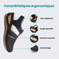 Summer wedge sandals with wide straps and an arched footbed, in black, blue, brown and red