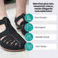 Summer wedge sandals with wide straps and an arched footbed, in black, blue, brown and red