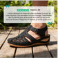Summer wedge sandals with wide straps and an arched footbed, in black, blue, brown and red