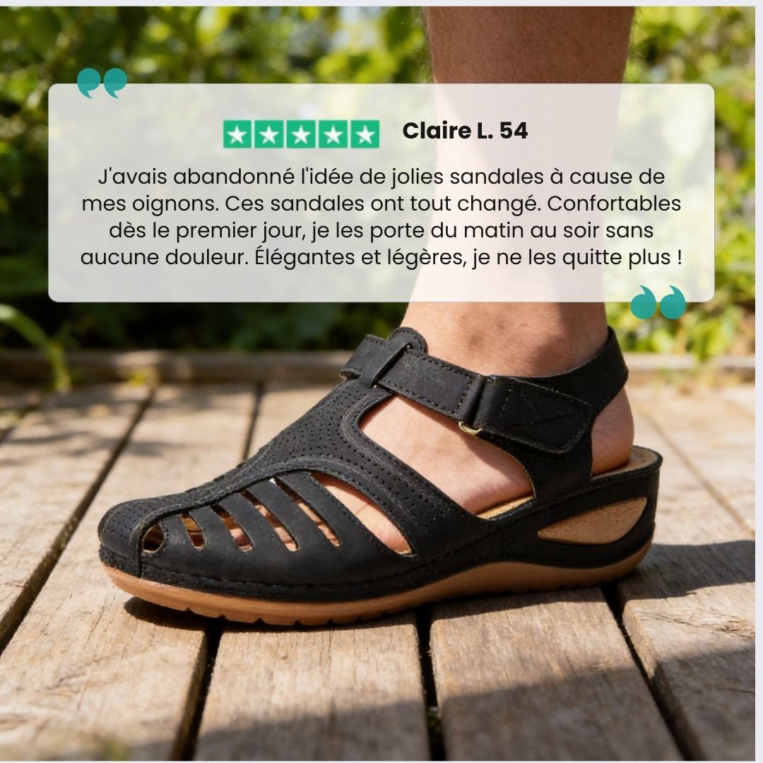 Summer wedge sandals with wide straps and an arched footbed, in black, blue, brown and red