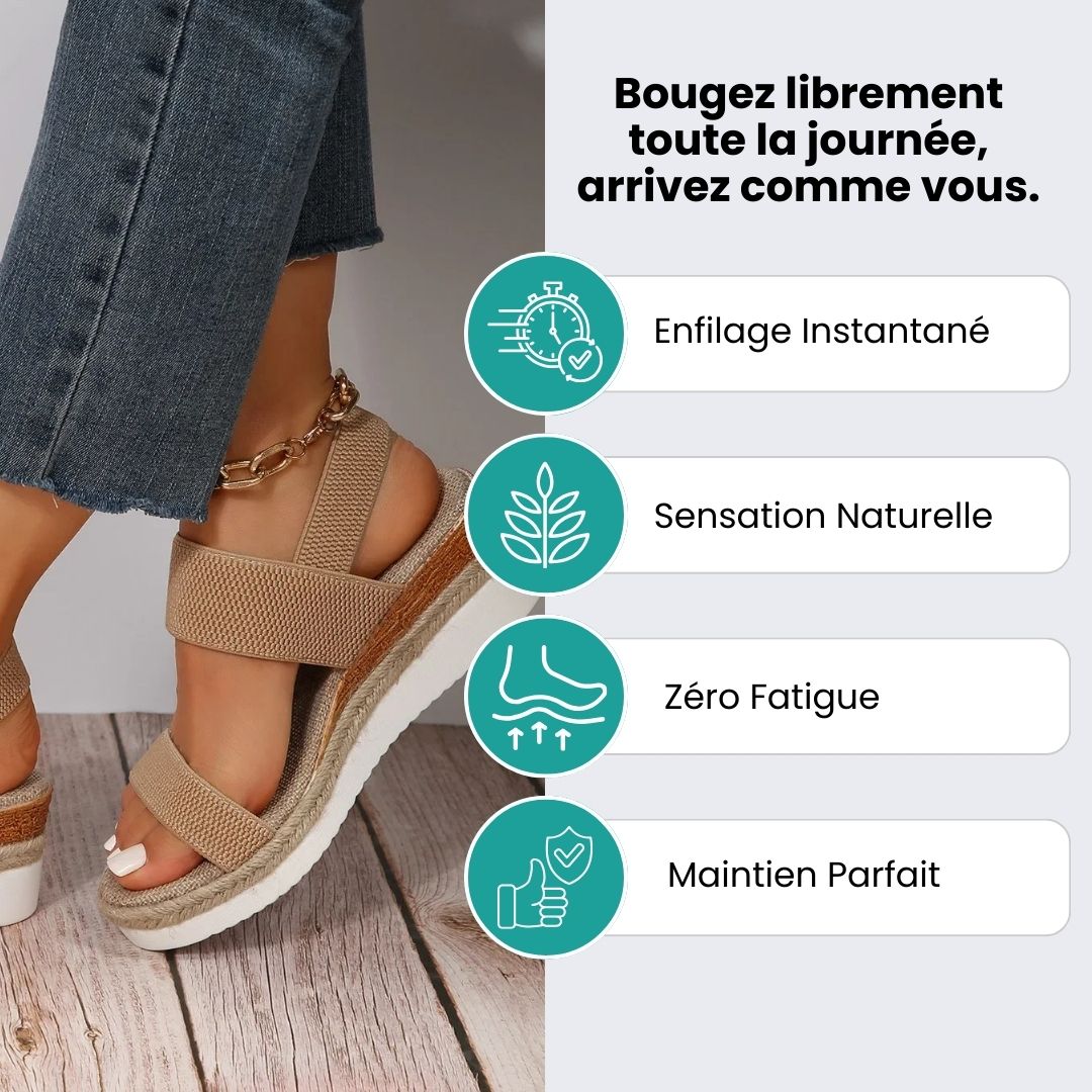Beige wedge sandals for women with a raised heel and arch supporting footbed