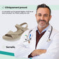 Orthopedic wedge sandals with a raised heel and cushioned footbed, in khaki, gray and blue