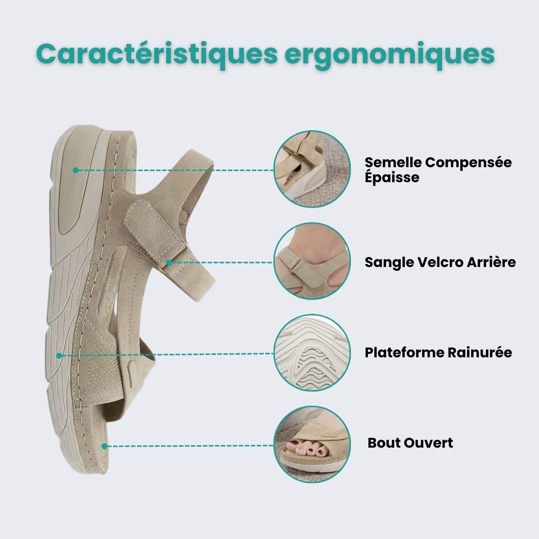 Orthopedic wedge sandals with a raised heel and cushioned footbed, in khaki, gray and blue