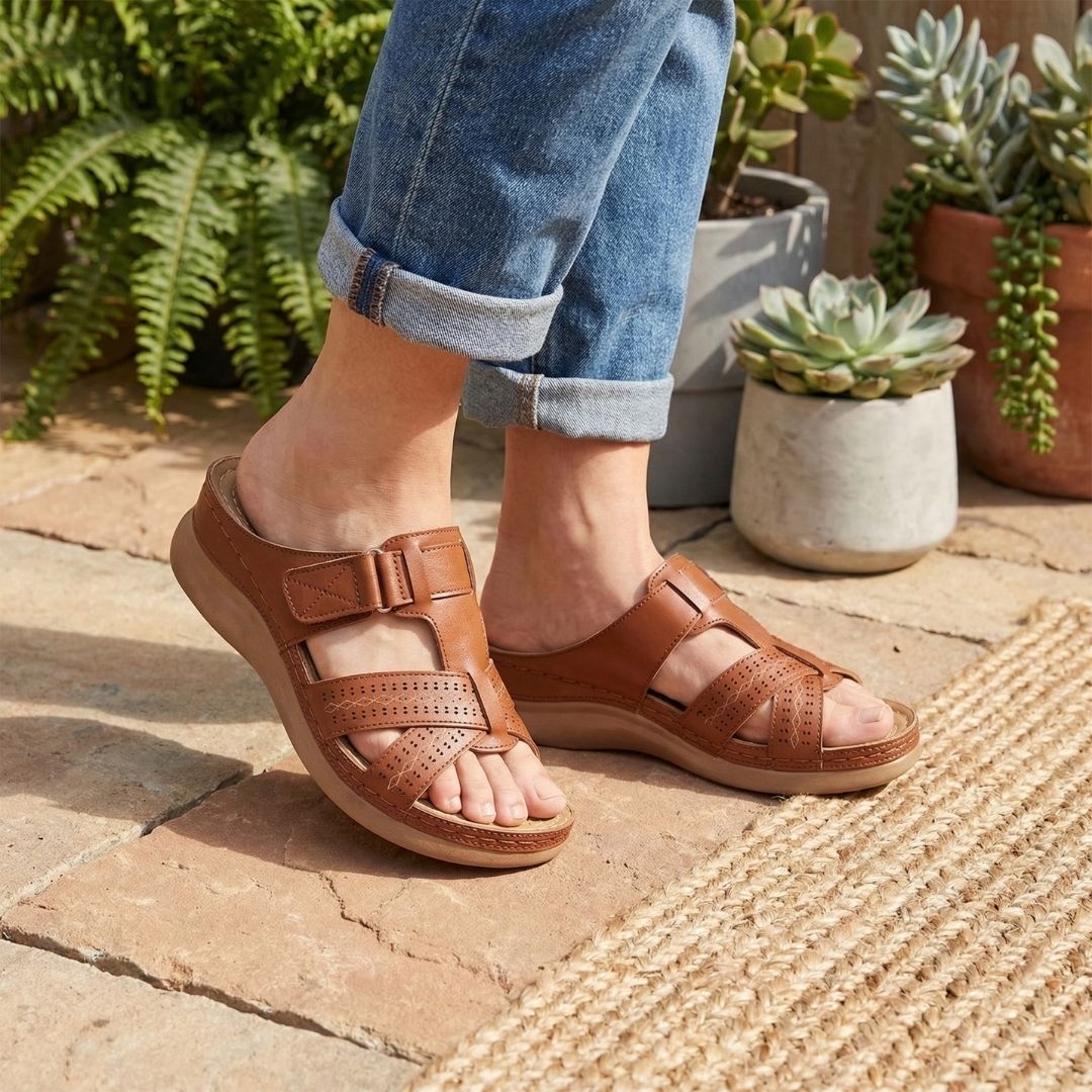 Orthopedic sandals on a raised wedge heel with a supportive contoured footbed