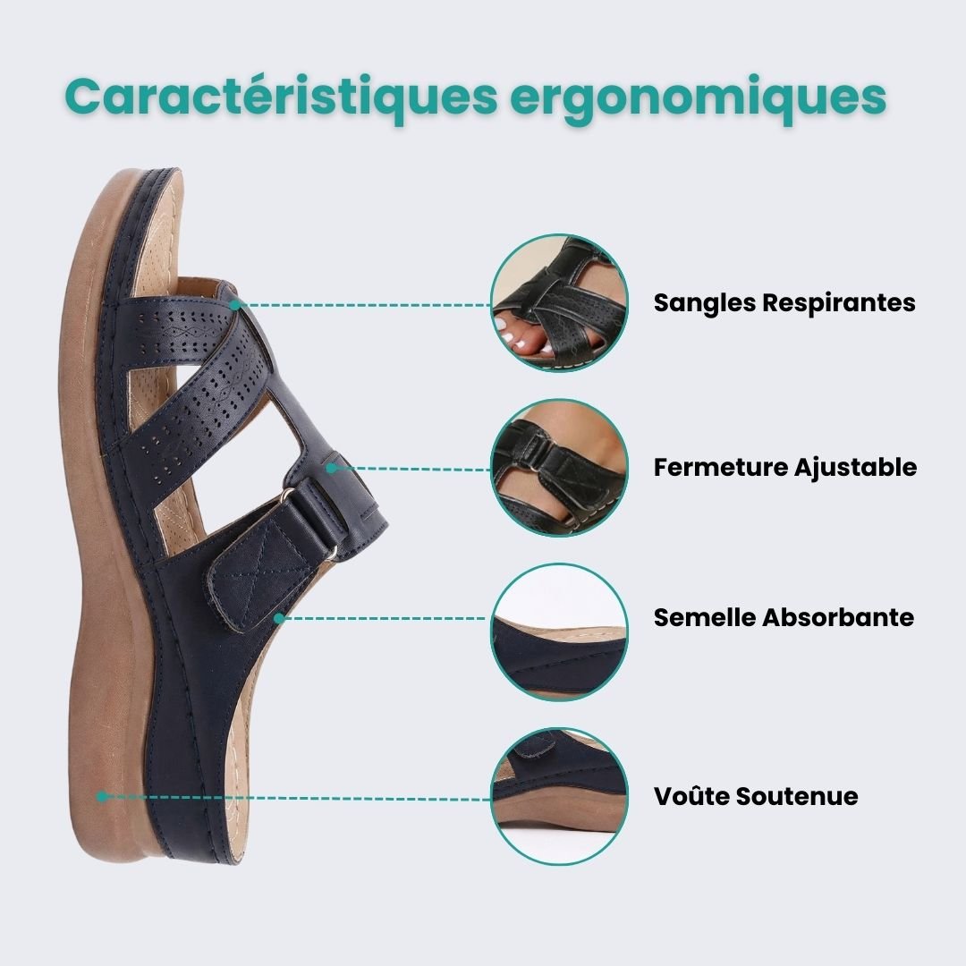 Orthopedic sandals on a raised wedge heel with a supportive contoured footbed