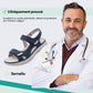 Orthopedic support sandals in blue, black and gray with a raised arch and a deep heel cup