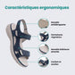 Orthopedic support sandals in blue, black and gray with a raised arch and a deep heel cup