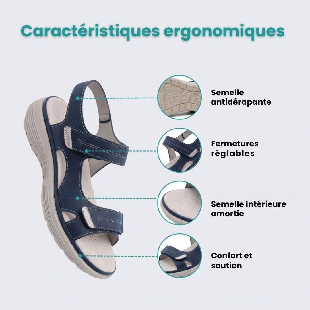 Orthopedic support sandals in blue, black and gray with a raised arch and a deep heel cup