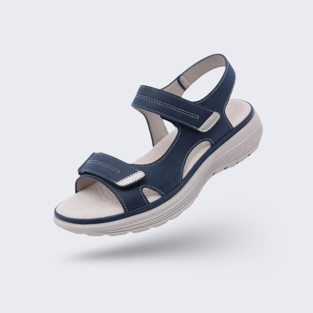 Orthopedic support sandals in blue, black and gray with a raised arch and a deep heel cup